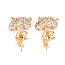 Autumn Theme Brass Micro Pave Clear Cubic Zirconia Peg Bails Links Connectors, for Half Drilled Bead, Nickel Free, Mushroom, Real 18K Gold Plated, 23.5x13.5x4.5mm, Hole: 0.8mm, Pin: 0.8mm