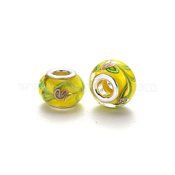 Handgemachte glasperlen murano glas großlochperlen, großes Loch Rondell Perlen, mit Platin-Ton Messing Doppeladern, mit Blumenmuster, Gelb, 14~16x9~10 mm, Bohrung: 5 mm