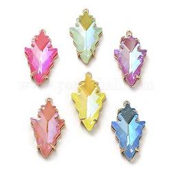 Glass with Golden Brass Pendants, Leaf Charms, Mixed Color, 30x16x6.5mm, Hole: 1.5mm