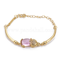 Tono dorato braccialetti di collegamento in ottone, con vetro e zirconi, Pi Xiu, perla rosa, 7-5/8 pollice (19.5 cm), 2.5~3mm