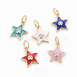 Brass Micro Pave Cubic Zirconia Charms, with Enamel and Jump Rings, Star, Golden, Mixed Color, 12x10.5x2mm, Hole: 3.5mm
