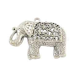 Tibétain alliage éléphant de style gros pendentifs, sans cadmium et sans plomb, argent antique, 59x47.5x11mm, Trou: 4mm, environ 28 pcs/500 g