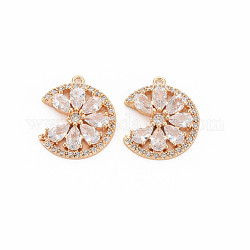 Brass Micro Pave Cubic Zirconia Charms, with Glass, Nickel Free, Real 18K Gold Plated, Flower, Clear, 18x15x3mm, Hole: 1mm