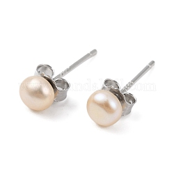 Aretes de perlas redondas naturales, con accesorios de plata esterlina chapados en platino real 925, almendra blanqueada, 14x4~5mm