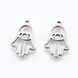 201 Stainless Steel Pendants, Manual Polishing, Hamsa Hand/Hand of Miriam with Eye, Stainless Steel Color, 17x11x1.5mm, Hole: 1.2mm