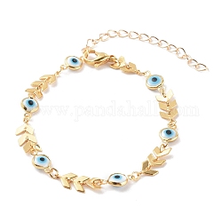 Brass Cobs Chain Bracelets, with Evil Eye Glass Enamel Links, White, Golden, 7-1/4 inch(18.5cm)