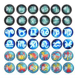 3Sets 3 Styles Glass Cabochons, Half Round with 12 Constellations, Cyan & Red & White, Mixed Color, 25x7~8mm, 12pcs/set, 1set/style