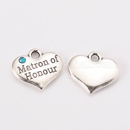 Wedding Theme Antique Silver Tone Tibetan Style Heart with Matron of Honour Rhinestone Charms X-TIBEP-N005-07D-1