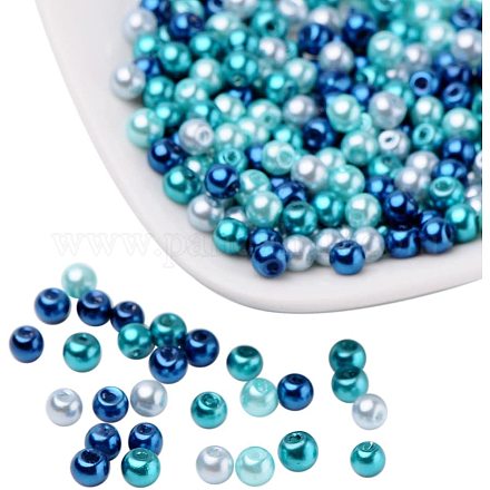 Pandahall 400 piezas 4 mm azul caribeño mezcla perlada cuentas de perlas de vidrio redondas con orificio de 1 mm para pulsera HY-PH0006-4mm-03-1