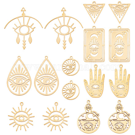 SUNNYCLUE 1 Box 16Pcs Tarot Style Stainless Steel Charms Hamsa Hand Evil Eye Charms Flat Round Sun Moon Charm Rectangle Card Double Sided Hollow Teardrop Charms for Jewelry Making Charm DIY Craft STAS-SC0004-57-1
