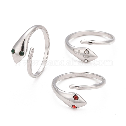 304 Stainless Steel Snake Wrap Open Cuff Ring with Rhinestone for Women RJEW-E062-B-P-1