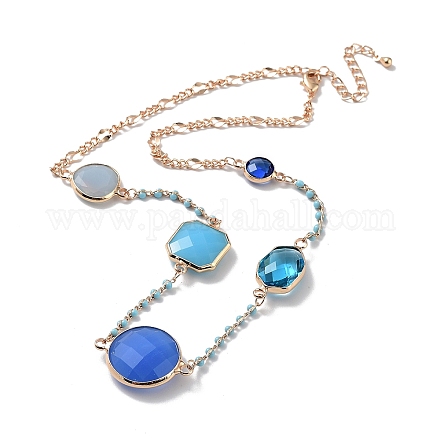 Collier pendentif rond plat en verre bleu avec chaînes en laiton NJEW-A015-17KCG-1