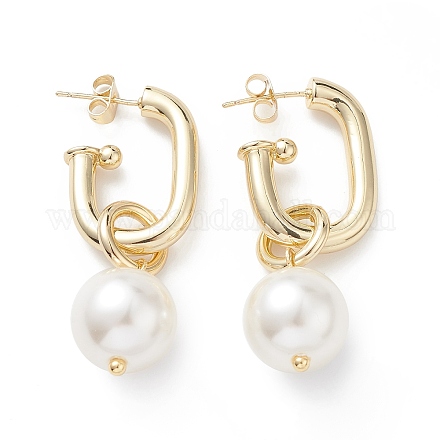 Brass Oval with ABS Pearl Dangle Stud Earrings for Women EJEW-C059-01G-1
