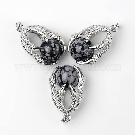 Eagle Claw Alloy Natural Snowflake Obsidian Pendants G-L455-A20-1