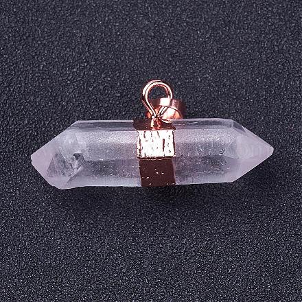 天然水晶水晶の両端が尖ったペンダント  真鍮パーツ  弾丸  ローズゴールド  34~46x15~18mm  穴：5x8mm G-P253-02RG-1