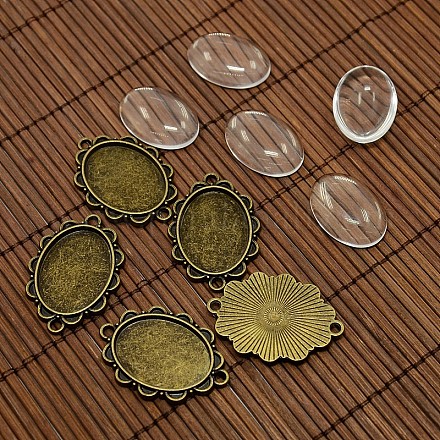 25x18mm Oval Dome Clear Glass Cover and Antique Bronze Alloy Cabochon Connector Settings Sets DIY-X0082-AB-NF-1