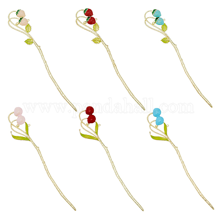 SUPERFINDINGS 6Pcs 6 Styles Strawberry Hair Sticks with Loop Cherry Alloy Enamel Golden Chopsticks Hairpin with Leaf Fruit Pink Blue Red Hair Sticks for Hair Decorative Accessories OHAR-FH0001-11-1