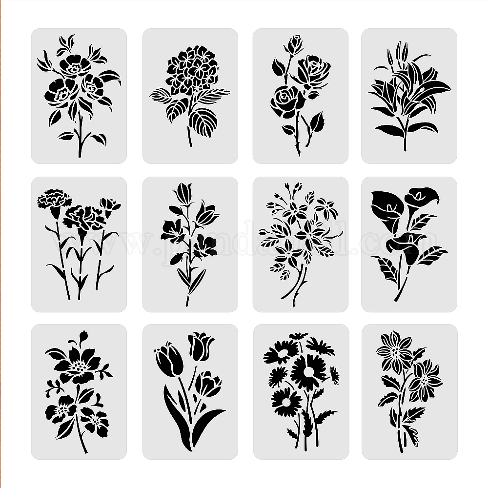 アクセサリー作り用 プラスチック製の描画絵画ステンシルテンプレートセット 花柄 21x29 7センチメートル 12個 セット を購入 Selected Pandahall Com Jp