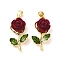 Brass Resin Pendants, Rose, with Enamel, Real 18K Gold Plated, Dark Red, 26x13x6.5mm, Hole: 4.5x2mm