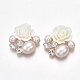 Cabochon in lega, con perla in plastica imitazione abs, strass resina e acrilico, fiore, oro chiaro, bianco, 24.5~26x25x8~10mm