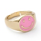調節可能な真鍮製のエナメル指輪  長持ちメッキ  笑顔  18KGP本金メッキ  ピンク  usサイズ7 1/4(17.5mm) RJEW-Z006-E-05-1
