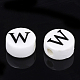 手作りの陶器ビーズ  水平穴  アルファベット付きフラットラウンド  ホワイト  文字.w  8~8.5x4.5mm  穴：2mm PORC-Q259-01W-2