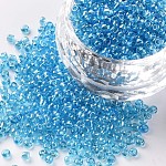 Perles de rocaille en verre, trans. couleurs lustered, ronde, bleu clair, 2mm, Trou: 1mm, 30000 pcs / livre