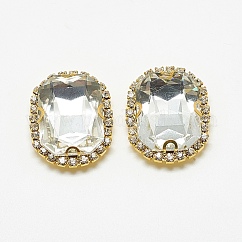 Cose en el rhinestone, Enlaces multifilares, Piedras de cristal, con fornituras de latón, accesorios de prendas de vestir, octágono rectángulo, dorado, cristal, 19x15x6.5mm, agujero: 1 mm