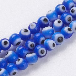 Hechos a mano de mal de ojo lampwork perlas hebras, redondo, azul, 4mm, agujero: 1 mm, aproximamente 98 pcs / cadena, 14.3 pulgada (36.5 cm)