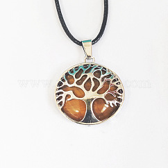 Colliers avec pendentif en alliage pavé d'œil de tigre naturel arbre de vie, colliers en cordon noir pour femmes, platine