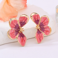 Pendientes de botón de aleación de zinc esmaltados para mujer, flor, dorado, color de rosa caliente, 35x22mm