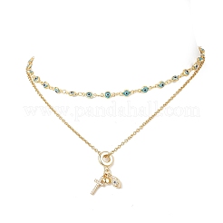 Collier double couche en acier inoxydable 304 avec pendentif en forme de cœur en forme de croix en zircone cubique transparent et pavé de laiton&nbsp;NJEW-JN05398-02