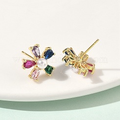 Flor aretes de bronce de óxido de circonio cúbico&nbsp;EJEW-P336-06G-01