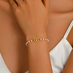 Pulseras de eslabones de mariposa de acero inoxidable 201 con perlas de imitación para mujer&nbsp;KC8382