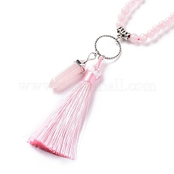 Collar con colgante de bala y borla de cuarzo rosa natural con cadenas de cuentas de piedras preciosas mixtas&nbsp;NJEW-E585-02E