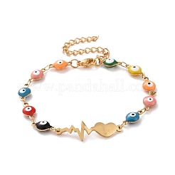 Pulsera de eslabones con forma de corazón de acero inoxidable 304 con revestimiento al vacío de PVD y cadenas de ojo malvado de esmalte colorido para mujer&nbsp;BJEW-B062-03G