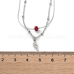 Doppellagige Halsketten für Damen aus 304 Edelstahl und gefärbter natürlicher weißer Jade mit Federanhänger&nbsp;NJEW-A045-20P