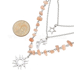 201 Edelstahl Sonne Mond Stern Anhänger natürlicher Sonnenstein & 304 Edelstahl Gliederkette 3-lagige Halsketten für Damen&nbsp;NJEW-JN05470-01
