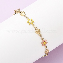 Bracciali a maglie in acciaio inossidabile 304 con fiori e cuori per donna&nbsp;BJEW-F524-06A-G