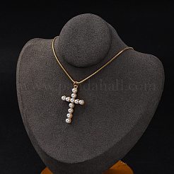 Colliers à chaîne serpent ronde avec pendentif en croix en acier inoxydable 304 et perles en plastique plaqué sous vide PVD pour femmes&nbsp;STAS-Z114-20G