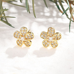 Orecchini a bottone con micro pavè di fiori in ottone e zirconi trasparenti&nbsp;EJEW-H162-03G
