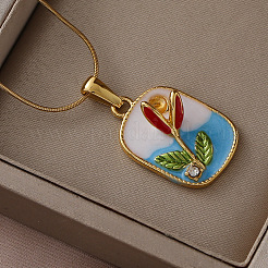 Collar con colgante rectangular de acero inoxidable quirúrgico 316 esmaltado con flores para mujer&nbsp;GH2755