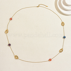 Collar de cadena larga de eslabones ovalados trenzados de acero inoxidable francés con cuentas de vidrio de colores para mujer&nbsp;XI4819