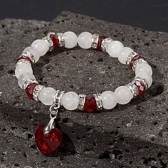 Bracciale elasticizzato con cristalli di quarzo naturale e perline di vetro con ciondoli a cuore per San Valentino&nbsp;BJEW-TA00284