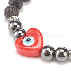 Bracciale elasticizzato in pietra lavica naturale ed ematite sintetica&nbsp;BJEW-JB08323-02
