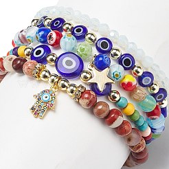 5pcs 5 style naturel et synthétique mélange de pierres précieuses et lampwork mauvais œil et ensemble de bracelets extensibles millefiori&nbsp;BJEW-JB08886