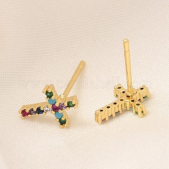 Ohrstecker aus Messing mit Kreuz und Mikropflaster und Zirkonia&nbsp;EJEW-H143-19G