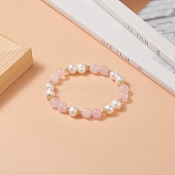 Braccialetto elasticizzato con perline rotonde in quarzo rosa naturale e perle da donna&nbsp;BJEW-JB09246-03