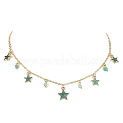 Collier plastron rond en agate naturelle et breloques étoiles en alliage émaillé avec chaînes en acier inoxydable 304&nbsp;NJEW-JN04404-02