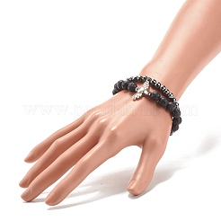2 pièces 2 style bracelets extensibles en roche de lave naturelle et hématite synthétique sertis d'ailes en alliage&nbsp;BJEW-JB08021